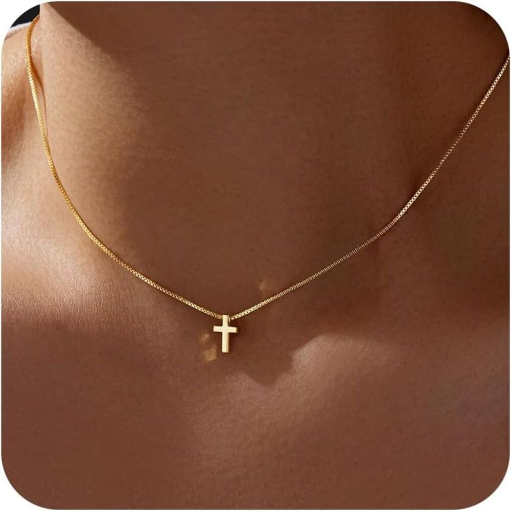 Christian Baptism Cross Necklace Dainty 14K Real Gold Plated Cross Pendant
